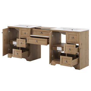 English Elm 84" Double Sink Vanity with Stone Countertop Six Soft Close Drawers and Silver Knobs Wood N817P404196B