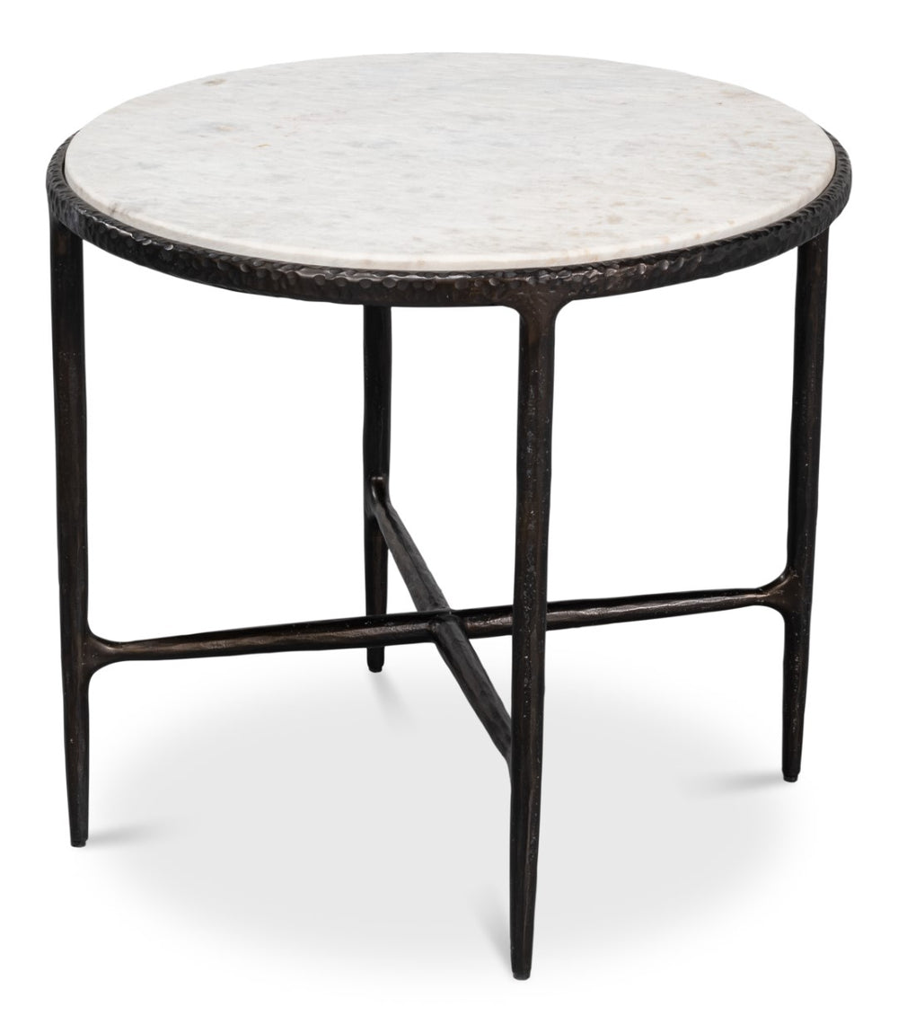 Sarreid Dakor Round Side Table - Distressed White Marble Top With Rustic Black Forged Iron Base Design Black  53963