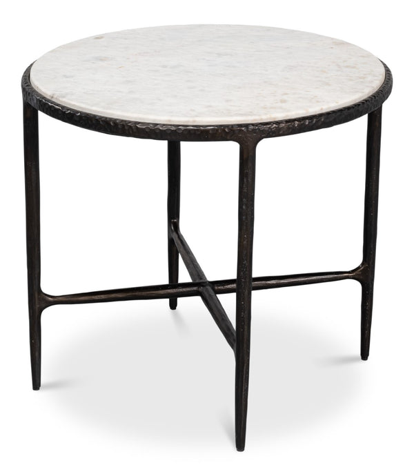 Sarreid Dakor Round Side Table - Distressed White Marble Top With Rustic Black Forged Iron Base Design Black  53963