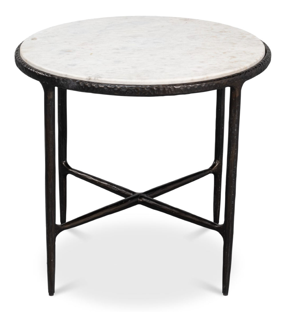 Sarreid Dakor Round Side Table - Distressed White Marble Top With Rustic Black Forged Iron Base Design Black  53963