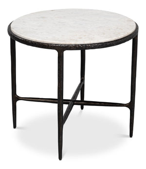 Sarreid Dakor Round Side Table - Distressed White Marble Top With Rustic Black Forged Iron Base Design Black  53963