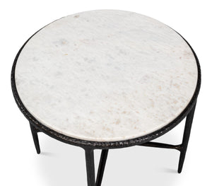 Sarreid Dakor Round Side Table - Distressed White Marble Top With Rustic Black Forged Iron Base Design Black  53963