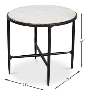 Sarreid Dakor Round Side Table - Distressed White Marble Top With Rustic Black Forged Iron Base Design Black  53963