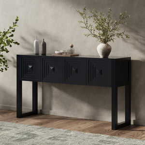 English Elm [video] Art Deco Console Table Geometric Carved Fronts Fluted Legs 3 Soft-close Drawers Black N759P433572B