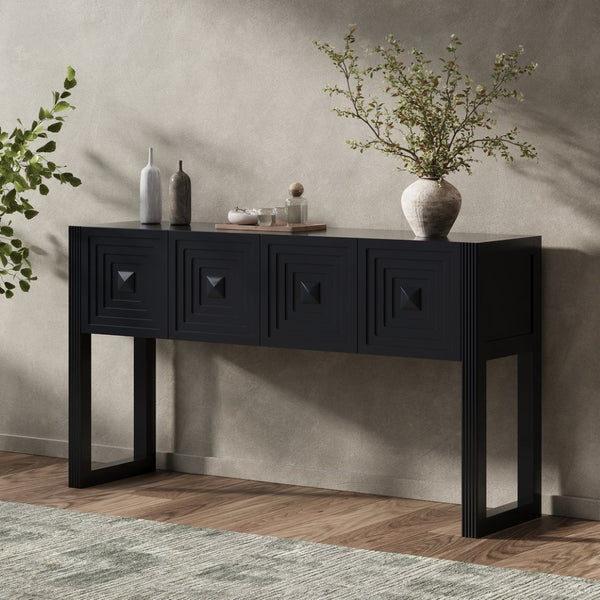 English Elm [video] Art Deco Console Table Geometric Carved Fronts Fluted Legs 3 Soft-close Drawers Black N759P433572B