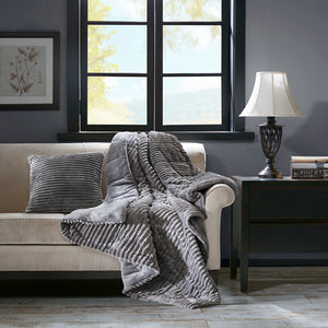 JLA Home Madison Park - Oversized Plush Down Alternative Throw for Luxurious Warmth — Ribbed Face, Box Quilted, Machine-Washable Comfort Grey BASI50-0426