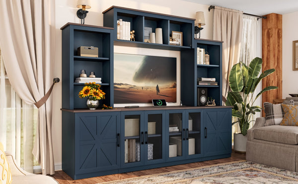 English Elm Wall Unit Entertainment Center with Built in Charging Mdf Media Console Open Shelving Blue W1580S00437
