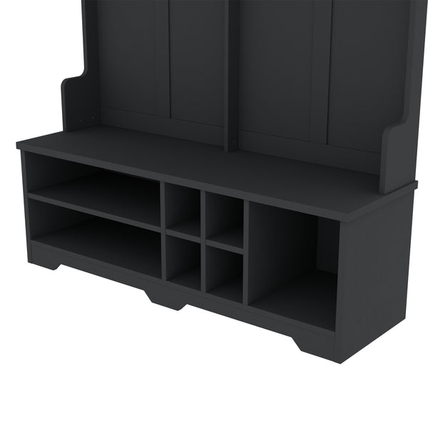 English Elm Modern Hallway Hall Tree with Bench, 6 Metal Hooks & Shoe Cubbies, Spacious Entryway Organizer Black W1580P327017