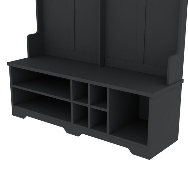 English Elm Modern Entryway Hall Tree with Six Hooks Bench Seat and Open Shoe Cubbies Black W1580S00618