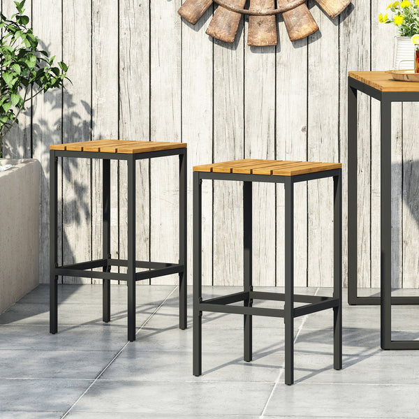 English Elm Christopher Knight Home® - EZRA Outdoor Acacia Bar Stool Set of 2 — Handcrafted Teak Finish Wood Tops, Sturdy Iron Frames Teak+ Black 70262.00