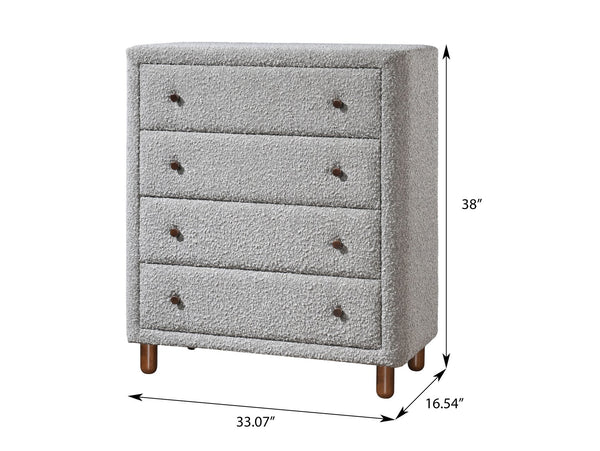 English Elm Grey Boucle 4-Drawer Upholstered Chest with Metal-Glide Drawers and Knop Handles — Durable Stylish Storage Solution for Bedroom and Living Room (38"H x 33"W x 16.5"D) B062P209026