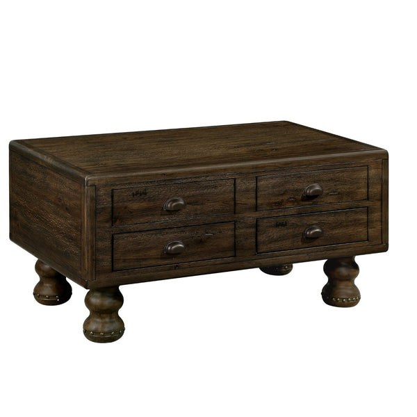 English Elm Solid Wood Rectangle Coffee Table With Antique Finish, 4 Drawers, Rivet Legs - Rustic Charm For Living Room W1202P176740-GIGA