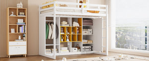 English Elm Twin Loft Bed with Wardrobe Shelves and Cabinet Kids Bedroom Wood Storage Frame Yellow+White N708S00023K