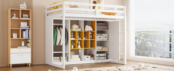 English Elm Twin Loft Bed with Wardrobe Shelves and Cabinet Kids Bedroom Wood Storage Frame Yellow+White N708S00023K