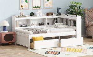 English Elm Twin L-Shaped Bookcase Bed With Usb Charging, Two Drawers & Modern White Finish For Smart Storage W504S00244-GIGA