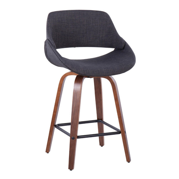 English Elm 26" Mid-century Swivel Counterstools Walnut Legs Charcoal Upholstery Set of 2 B202S00250