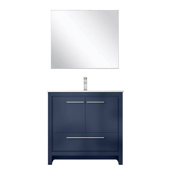 English Elm Navy Blue Bath Vanity Set With White Quartz Top, Chrome Faucet & Matching 28-Inch Mirror Ensemble B2731S02063