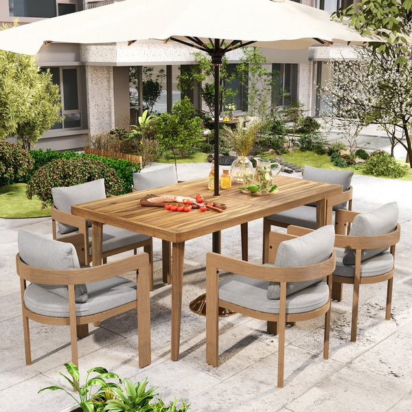 English Elm Christopher Knight Home® - Elko 7-Piece Outdoor Patio Dining Set With Teak-Finished Chairs & Acacia Wood Table For Gatherings ELKOJANI7PCDSETT