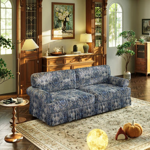English Elm Luxuriously Deep Chenille Sofa with Pleated Skirt and Rolled Arms for Living Rooms Blue Floral W1885S00295