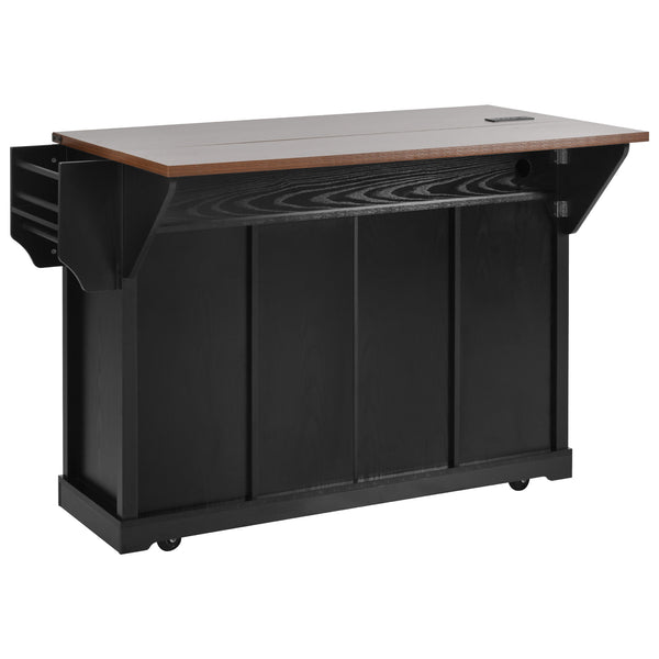 English Elm K&K 58" Farmhouse Kitchen Island with Sliding Barn Door, Drop Leaf, Glass Rack, Locking Wheels, Power Black N707P349811B