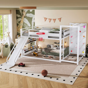 English Elm Twin Metal Loft Bed with Slide Basketball Hoop Climbing Wall and Built-in Shelves W1580S00634