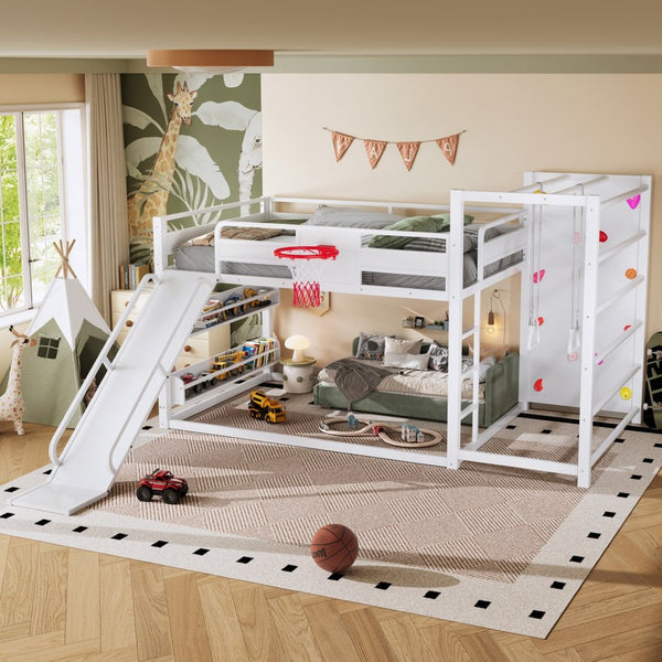 English Elm Twin Metal Loft Bed with Slide Basketball Hoop Climbing Wall and Built-in Shelves W1580S00634