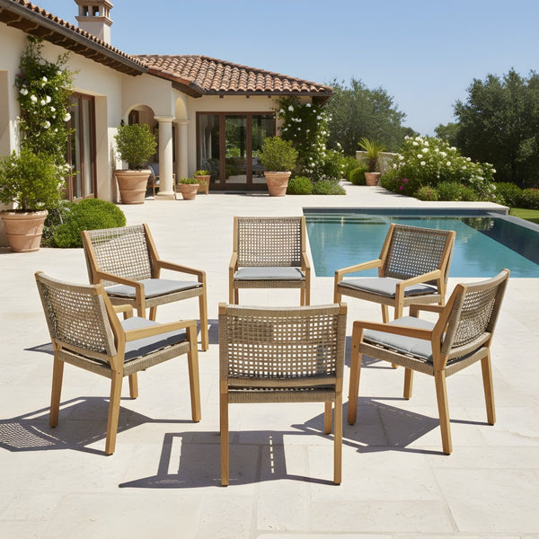 English Elm Modern Outdoor Acacia Wood Wicker Armchairs Patio Dining Set with Cushions N770P272397R