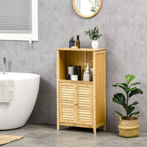 English Elm HOMCOM Bamboo Floor Cabinet Bathroom Organizer Tower with Shelved Storage, Slatted Doors & Elevated Base Natural W2225P216999