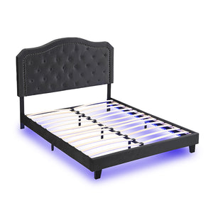 English Elm Upholstered Diamond Button Tufted Platform Bed with Velvet, LED Ambient Lighting, Sturdy Slats Black 65.75 L x 34.43 W x 4.72 H W2297P268385