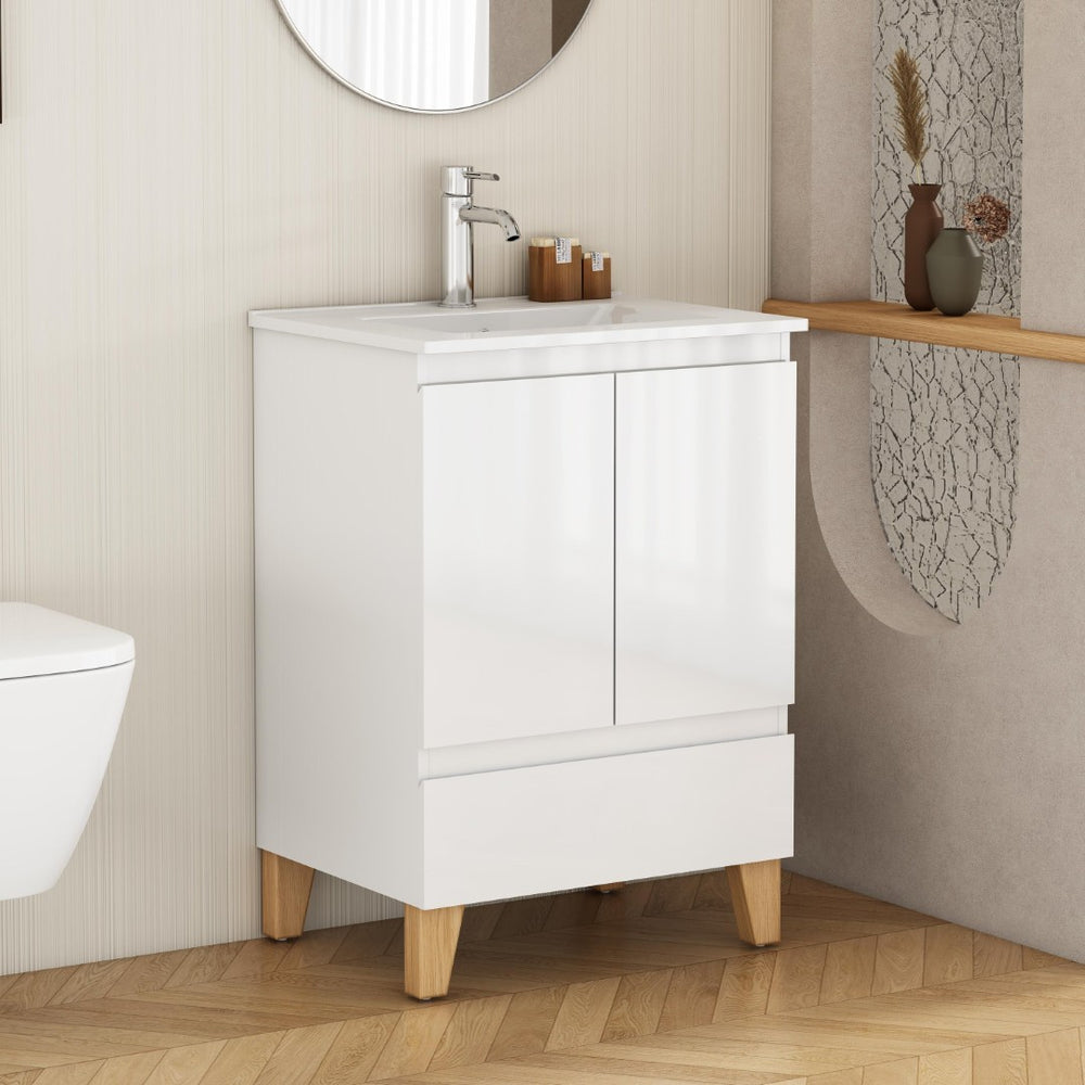 English Elm 24-inch Glossy White Bathroom Vanity Combo with Ceramic Sink and Solid Wood Feet W3151S00066