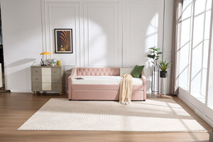 English Elm Twin Velvet Daybed with Pull Out Trundle Tufted Back Usb Port and Side Pockets Pink W1361S00037