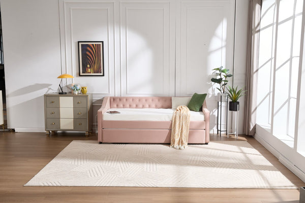 English Elm Twin Velvet Daybed with Pull Out Trundle Tufted Back Usb Port and Side Pockets Pink W1361S00037