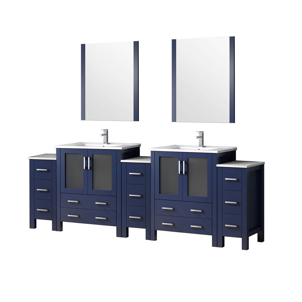 English Elm Navy Double Bath Vanity 96" W x 18.25" D with Side Cabinets, White Ceramic Top, Mirrors & Faucet Set B2731S01225