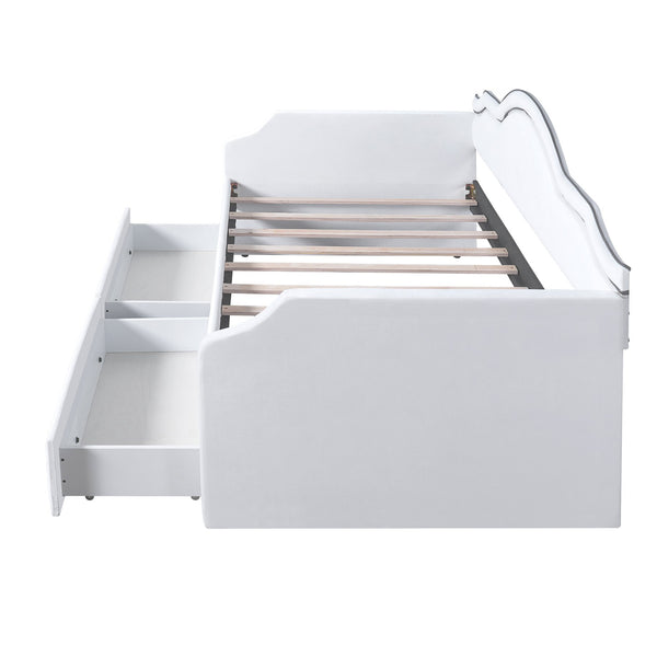 English Elm Twin Upholstered Daybed with Built-In LED & 2 Drawers, Velvet Platform Bed with Solid Wood Frame, Modern Curved Backrest, Twin Size, No Box Spring Needed Beige N7500001851A