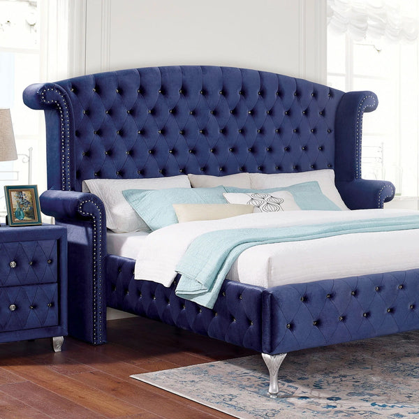 English Elm Glamorous Blue Velvet-Like Queen Bed with Tufted Wingback Headboard, Crystal Buttons & Nailhead Trim B2741S00211