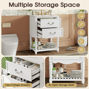 English Elm 24'' Vintage Bathroom Vanity with Ceramic Sink Soft Close Drawers Open Shelf White N710P411237K