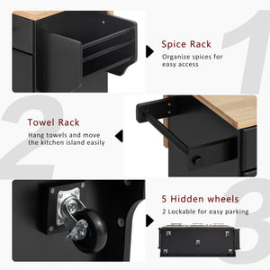 English Elm K&K Vintage Kitchen Island with Rubberwood Top, Hidden Wheels, Pull-Out Trash & Charging Station Black N707P299014B