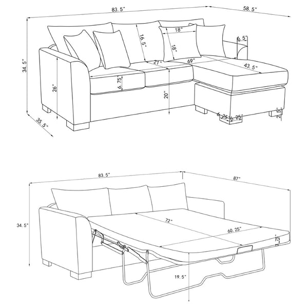 English Elm Pacheco Charcoal Fabric Sleeper Sectional with Chaise Pocket Coil Cushions Modern Living B062P451783