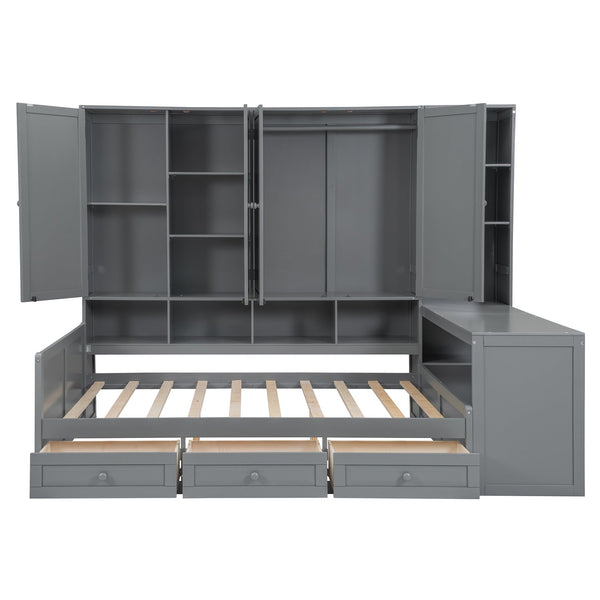 English Elm Full Size Wooden Daybed With Desk, Drawers, Shelves – Stylish Space-Saving Solution In Gray! N820S00055E