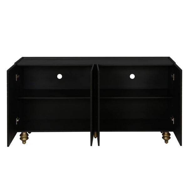 English Elm Modern Fluted Four Door Sideboard Matte Black Glam Cabinet with Gold Accent Feet W1445P256479