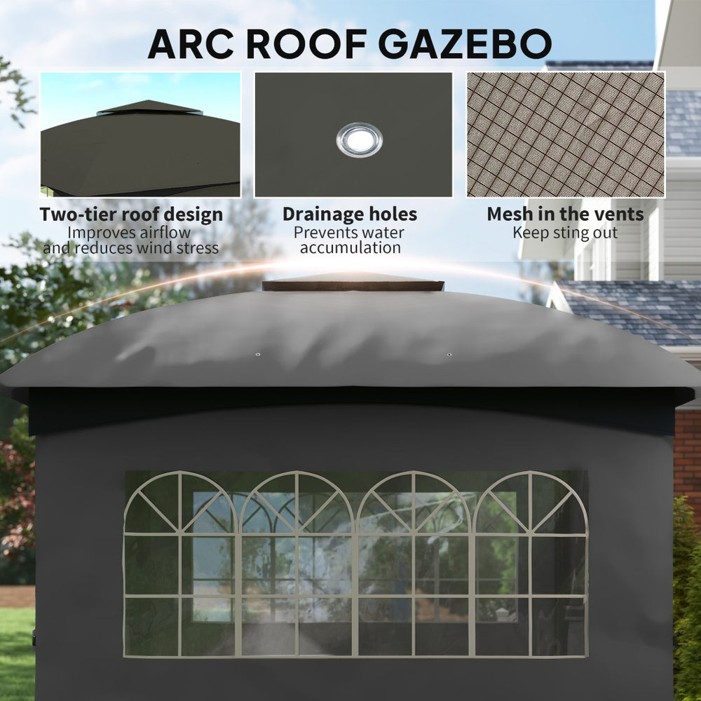 English Elm Outsunny 11x11 Steel Gazebo with Church Windows Two Tier Roof and Privacy Curtains W2225P485555