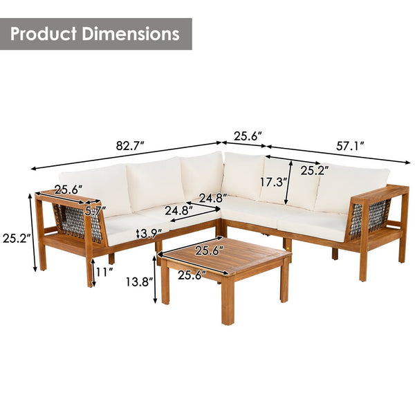 English Elm <old Old Sku Acacia Wood L-shaped Patio Sectional with Woven Rope Armrests Resort Cushioned Set Beige,Teak N704F201249N