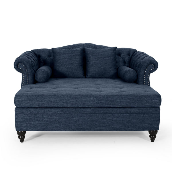 English Elm Christopher Knight Home® - LOVESEAT Double Chaise Lounge with Nailhead Trim and Button Tufting, Scroll Arms, Elegant Accent Pillows Navy Blue 54 L x 33 W x 17.5 H N776P298704N