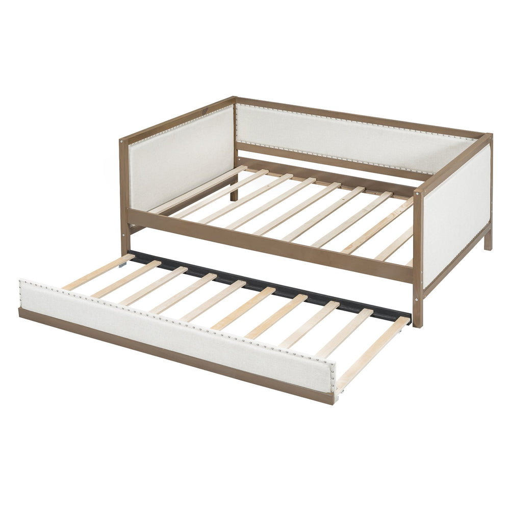 English Elm Full Upholstered Daybed with Trundle, Nailhead Trim, Solid Wood & Linen, Space-Saving 600lbs Capacity DL000588AAD