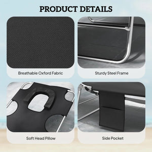 English Elm Handy Tri-fold Outdoor Lounger with Face Cavity Steel Frame Oxford Fabric Tanning Bed Black T3971P481336