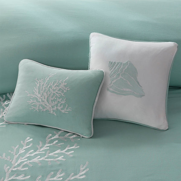 JLA Home Harbor House Blue - Square Harbor House Coastal Embroidered Conch Pillow 16x16 in Cotton Jacquard with Aqua Piping, Textured Accent HH30-401A