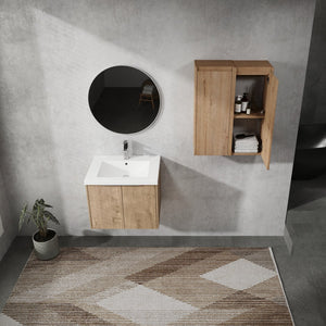 English Elm 24" Wall-Mounted Bathroom Vanity Set With Soft Close Doors, Resin Sink & Side Cabinets For Storage W999S00221
