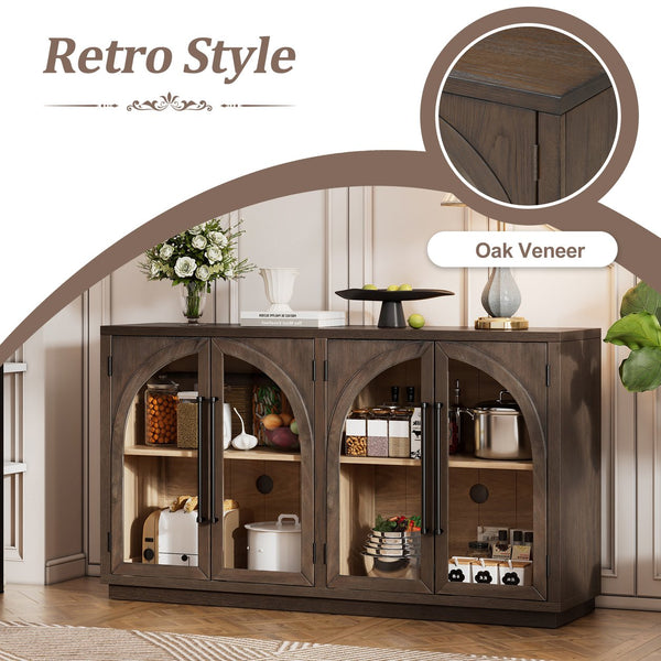 English Elm TREXM Arched 4-Door Large Storage Sideboard Buffet Cabinet with Glass Doors, Adjustable Shelves and Cable Management Espresso N715P290642P