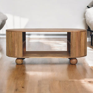 English Elm Solid Wood Soba Ball Coffee Table - Handcrafted Contemporary Design With Open Storage, Light Brown Finish B182P279167-GIGA