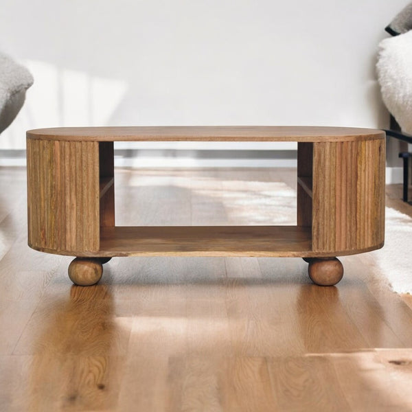 English Elm Solid Wood Soba Ball Coffee Table - Handcrafted Contemporary Design With Open Storage, Light Brown Finish B182P279167-GIGA